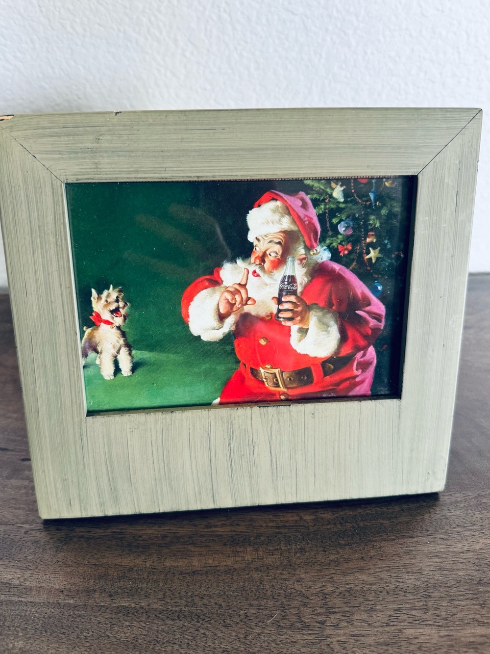 Vintage Coca Cola Santa Claus Dog Tree Framed Picture Art